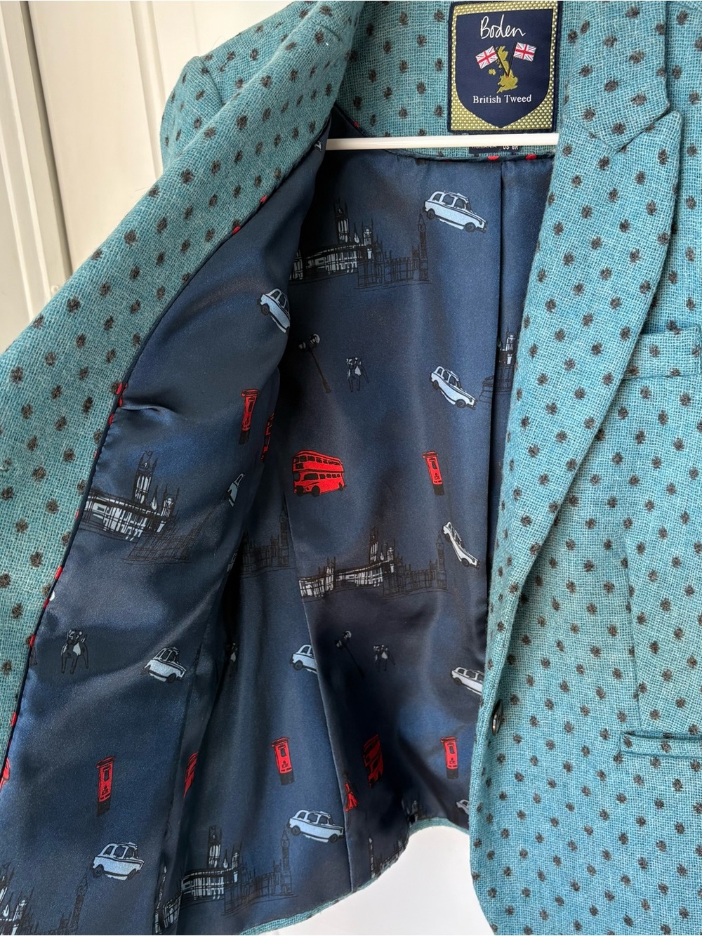 Boden Teal Wool Blazer with Navy Dot Print Size 8 - Picture 3 of 7